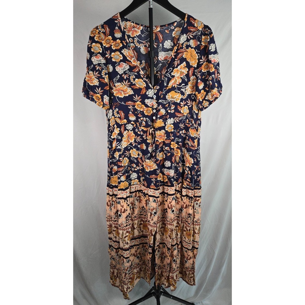 Floral Midi Dress Size M Navy Peach Border Print Boho Cottagecore Artsy Prairie